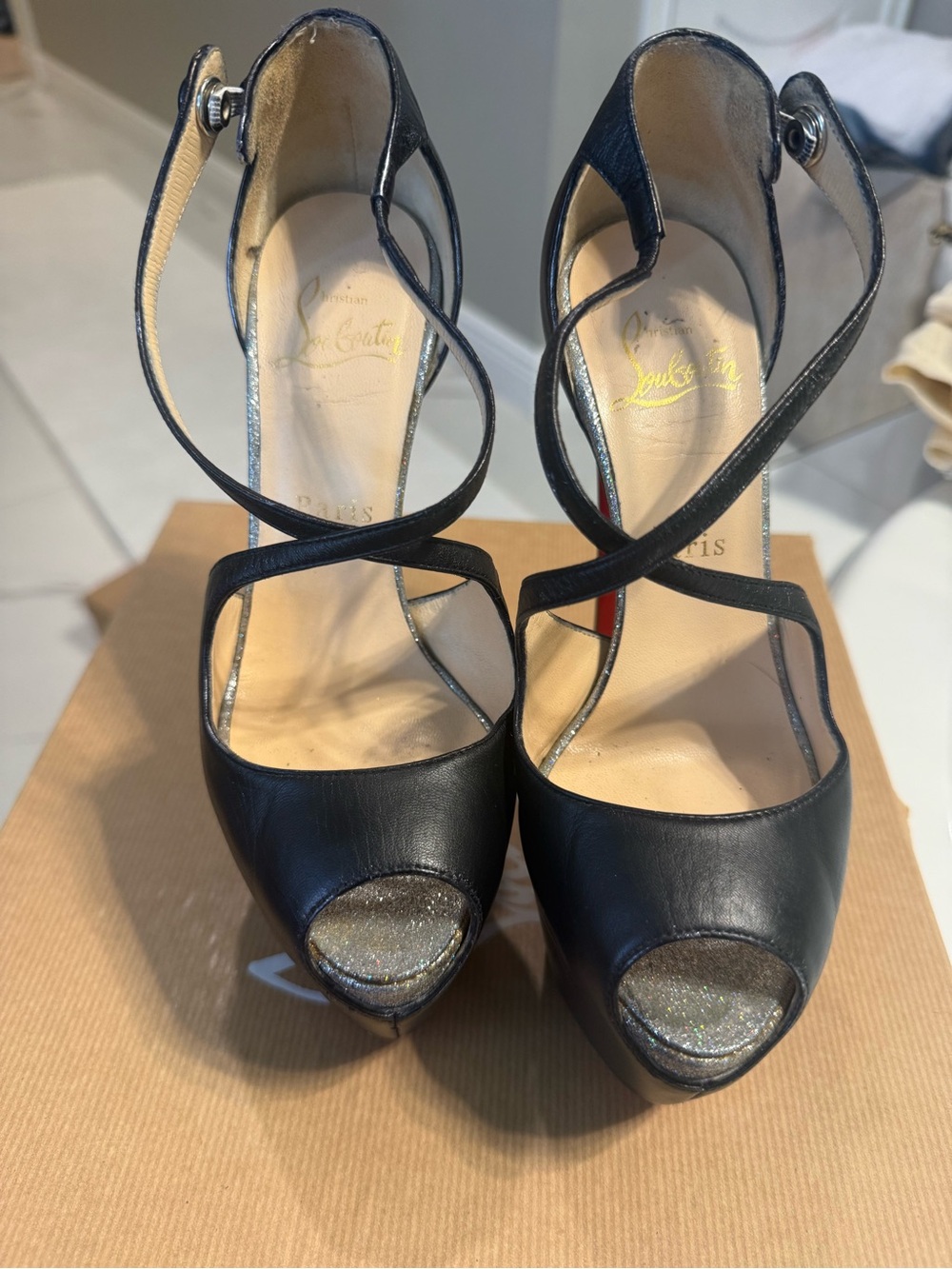 Christian Louboutin Black Leather Crisscross Peep-Toe Heels